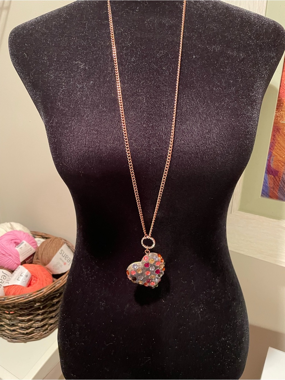 Betsey Johnson Rose Gold Long Necklace with Multicolor Crystal Heart Pendant